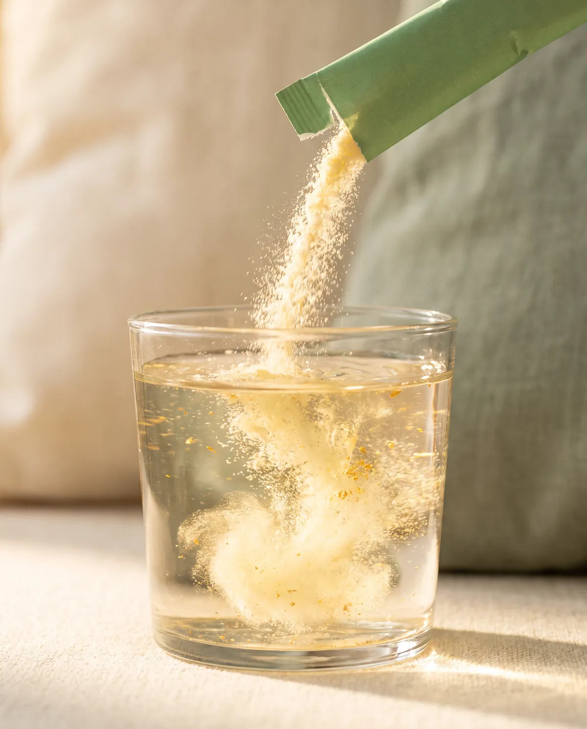 Порошок из саше растворяется в стакане тёплой воды