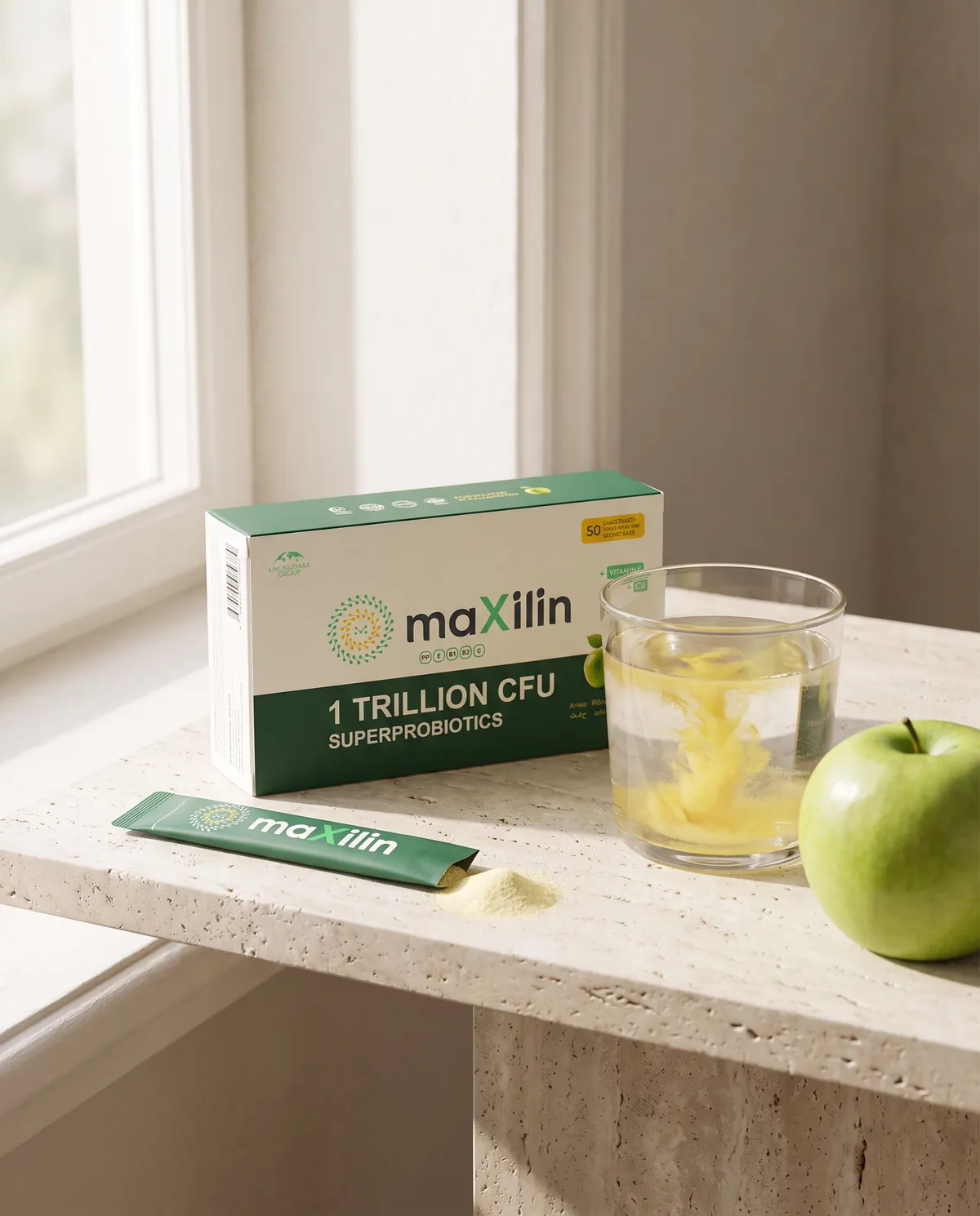 Коробка MaXilin, саше и стакан с растворяющимся порошком
