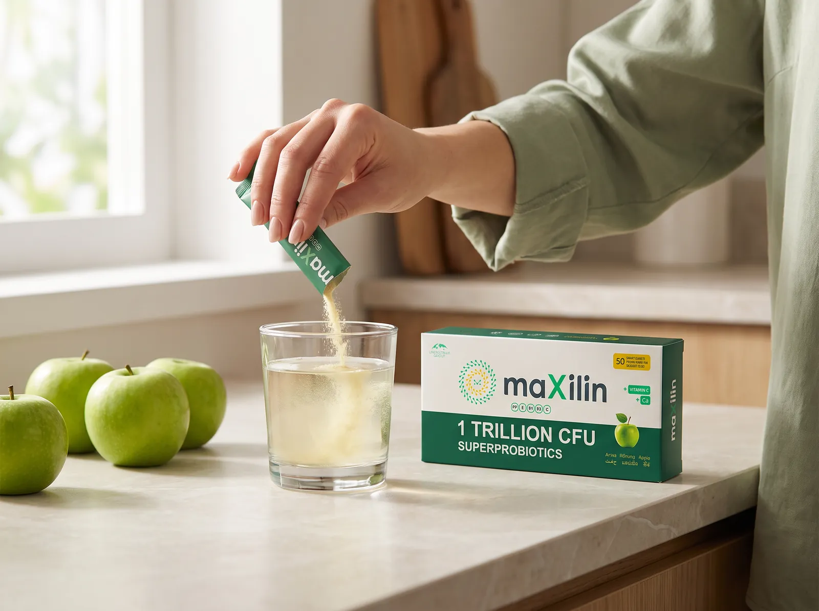 Порошок MaXilin высыпают из саше в стакан тёплой воды